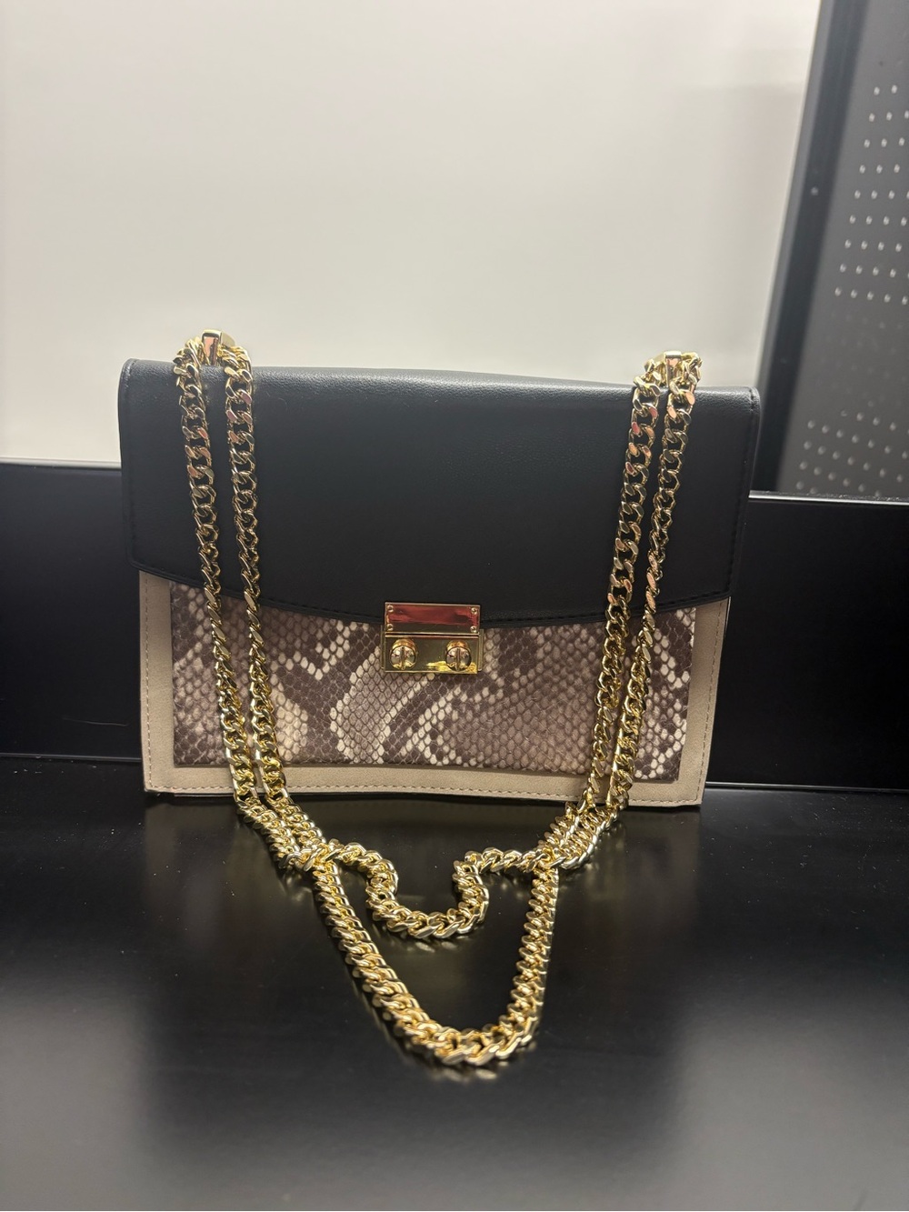 Express Black & Beige Snake-Print Shoulder Bag with Gold Chain